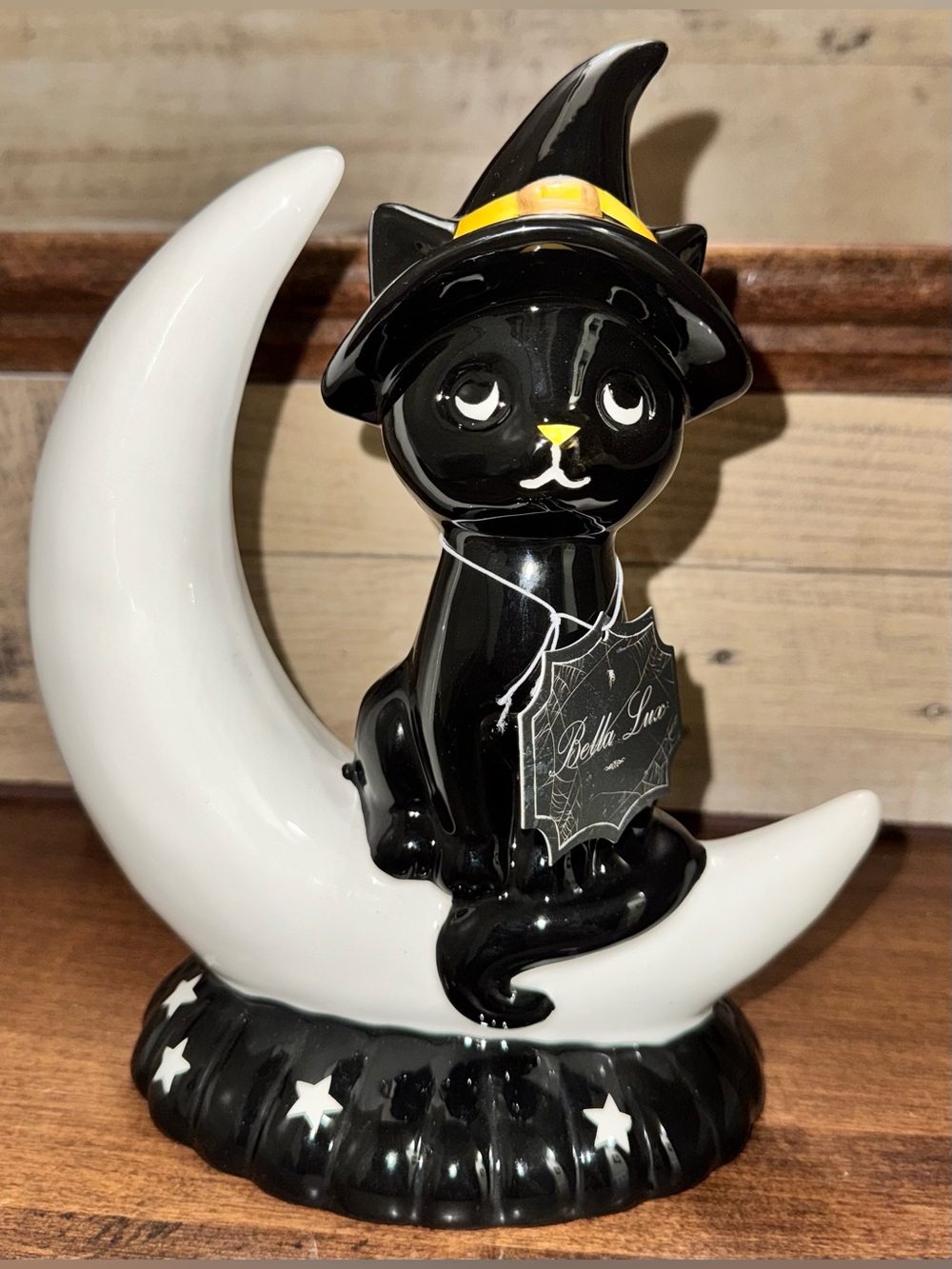 🥰 Ceramicc Halloween Black Cat 🐈⬛ Witch 🧙♀️ Hat on Crescent Moon Figurine 9”